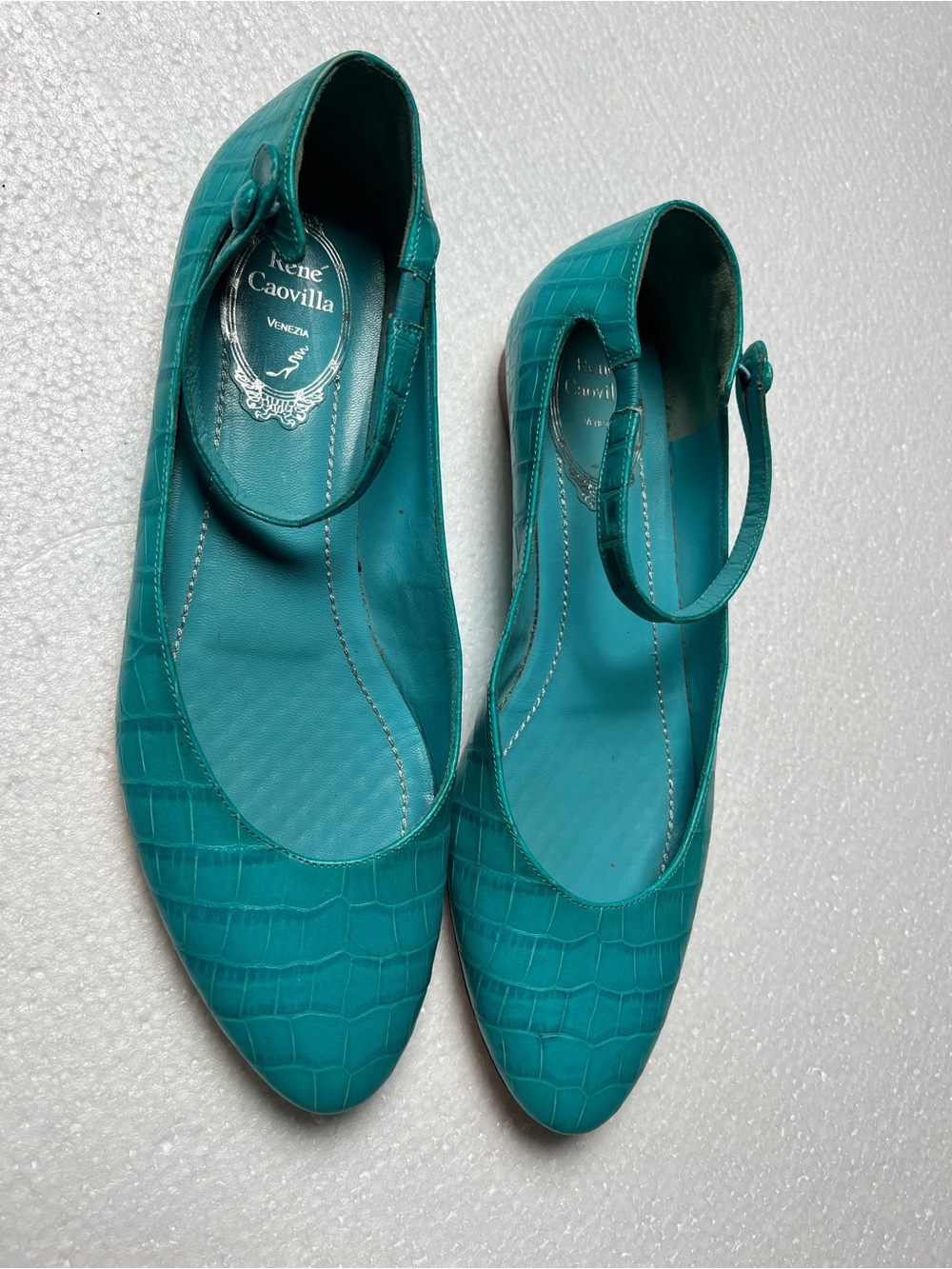 Rene Caovilla Vintage Turquoise Ballet Flats With Strap 37 Made In Italy Very Go